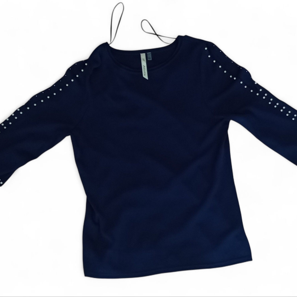 NY Collection Midnight Blue Top with Pearl Embellished Split Sleeves